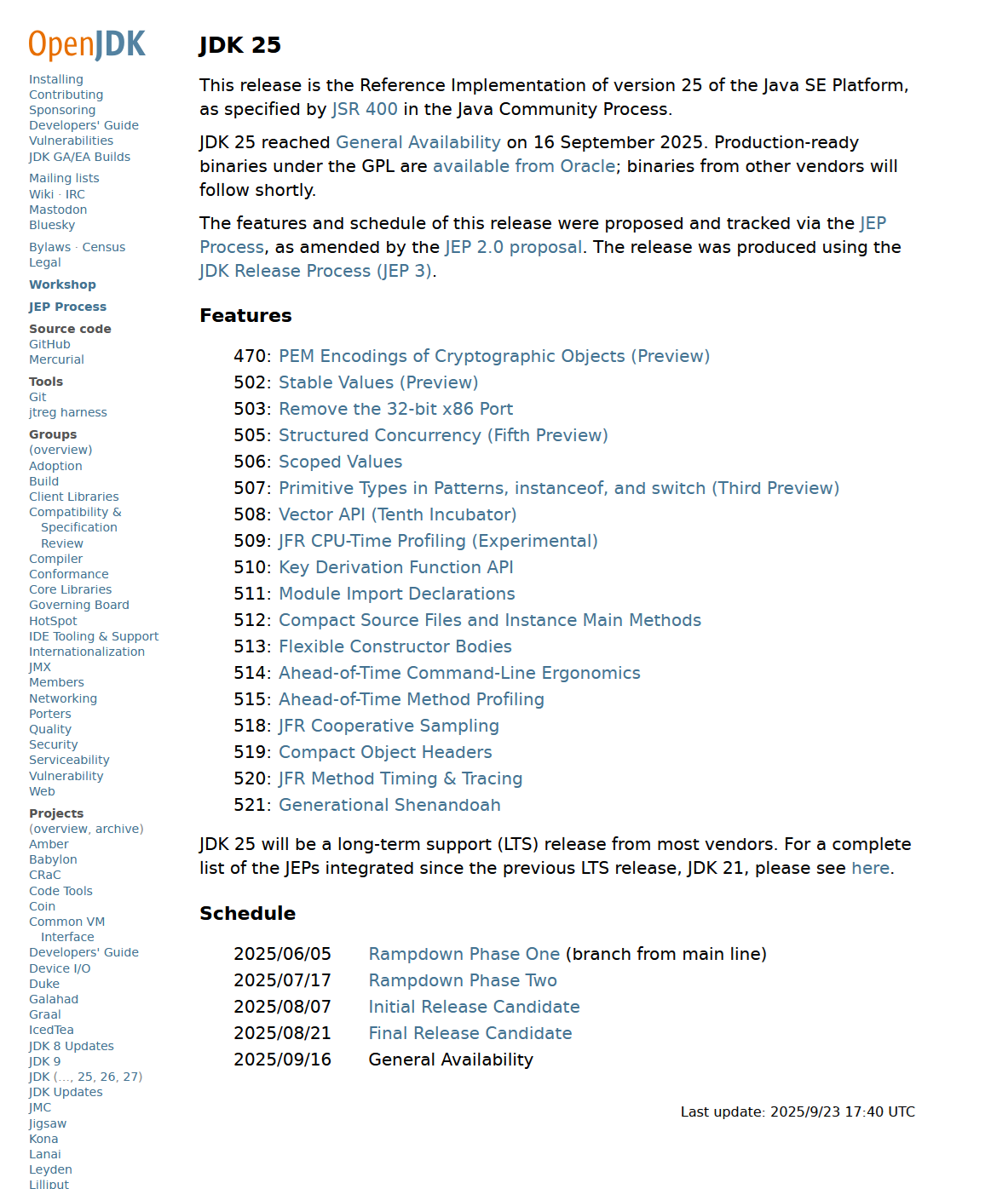 Typical JDK info page