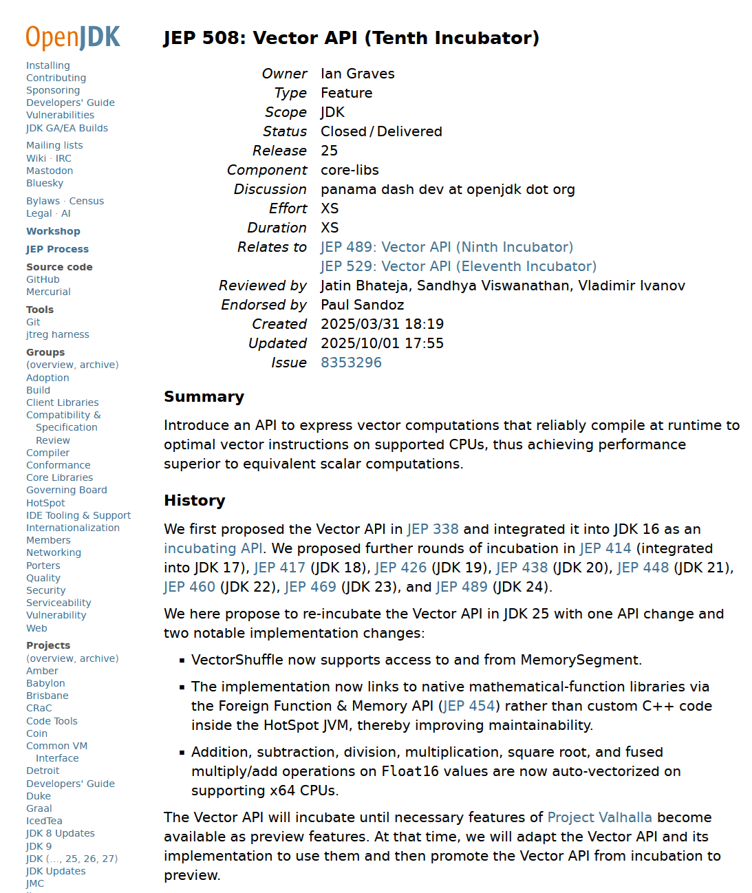 Typical JEP info page